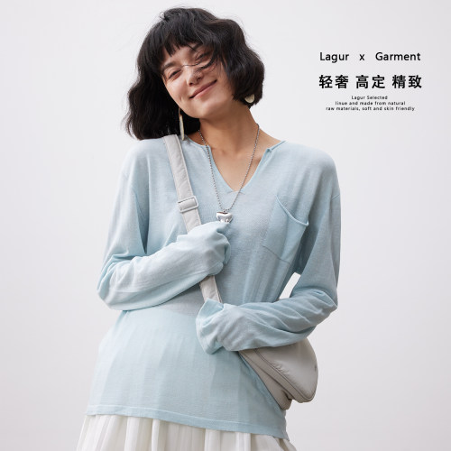 长袖口袋薄款t恤上衣夏季新款女