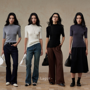 可穿100%纯羊毛无缝一体半袖 四季 女上衣 天鹅颈针织短袖 Lagur