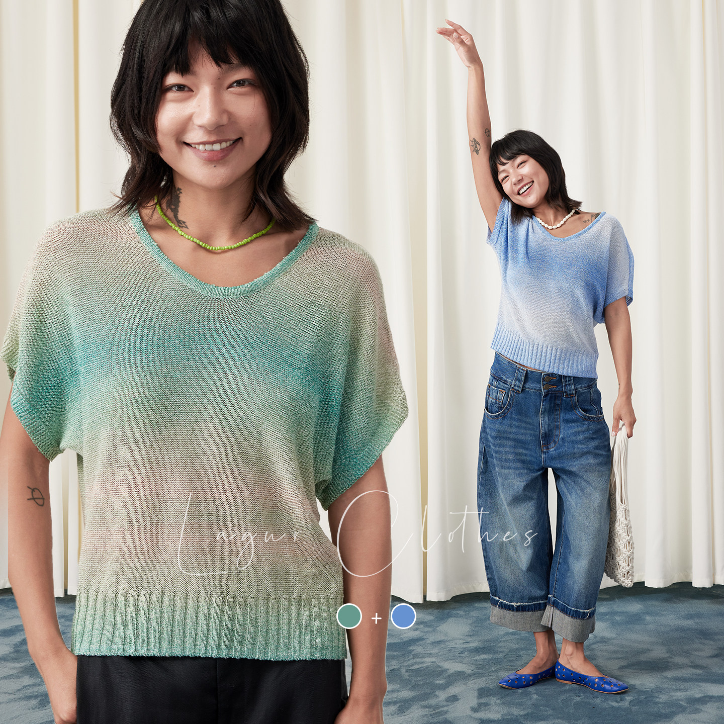 日本和纸(山野湖泊)粗针凉爽透气渐变短袖宽松针织T恤夏季上衣女