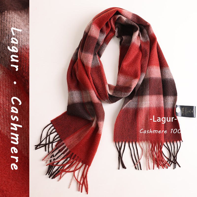 复古红格纯山羊绒围巾女冬季送礼
