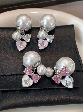 西太后爱心耳环2025新款高级感镶钻蝴蝶结耳饰女轻奢双面珍珠耳饰