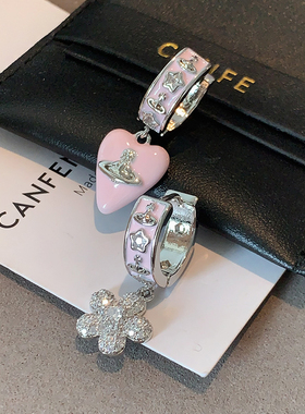 粉色滴釉土星耳环2025新款爆款高级感宽面耳扣西太后耳钉爱心耳坠