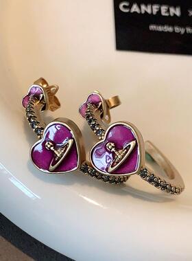 玫红珐琅爱心西太后耳钉2026新款爆款复古朋克耳环轻奢高级感耳饰
