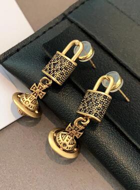 十字架西太后土星耳坠2025年新款爆款黑钻锁头耳钉轻奢高级感耳环