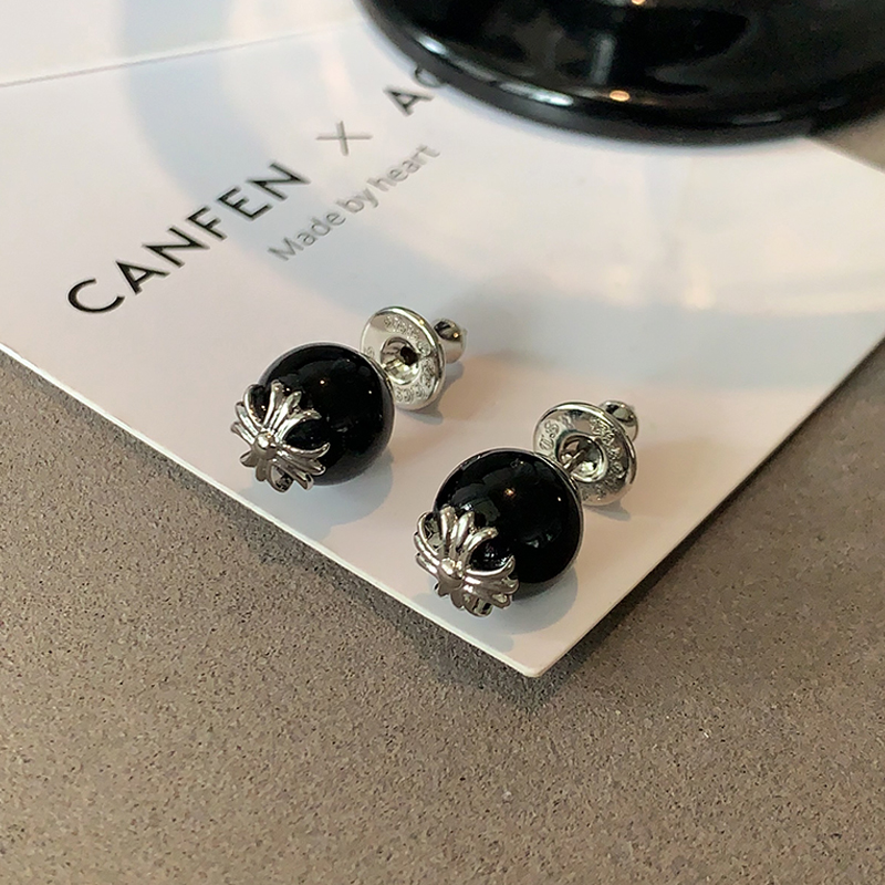 XMR小香风十字架黑色珍珠耳环女