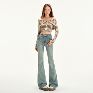 2025春款软牛仔高腰微喇女裤显瘦九分裤高弹氨纶