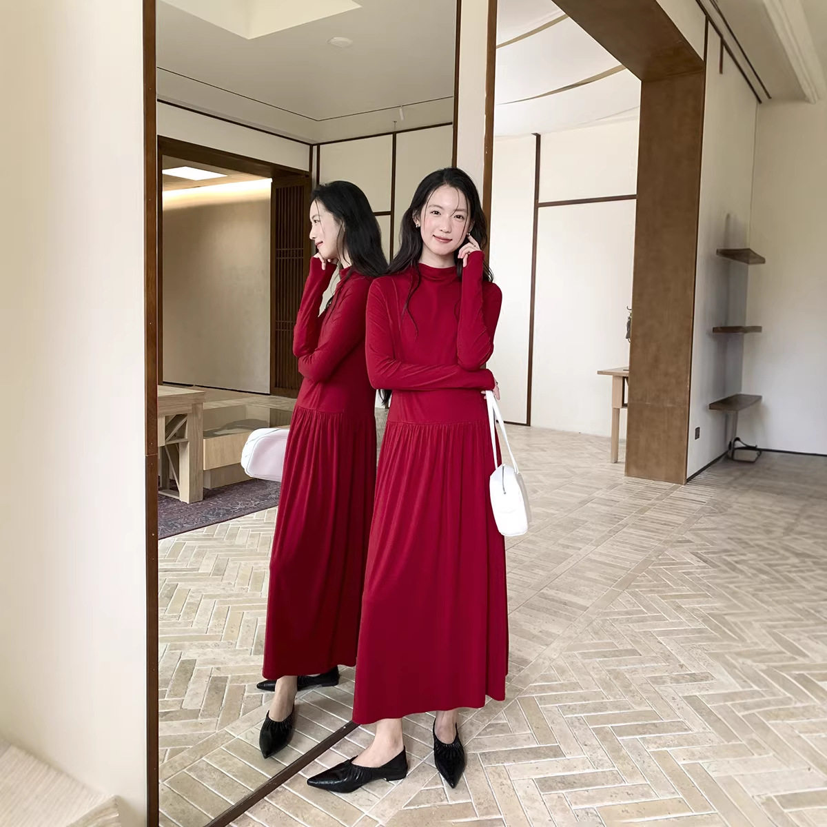【博主风】极简丝羊毛低腰显瘦年会氛围感连衣裙女