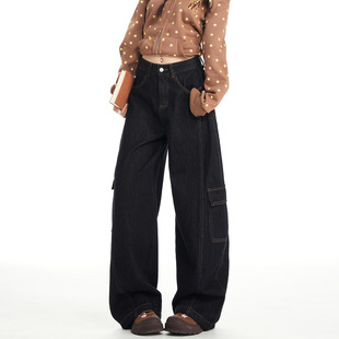 女款黑金色弯刀牛仔裤2026春秋新款高腰宽松多口袋工装阔腿裤