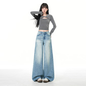 2026年新款 女春秋显瘦微喇叭拖地裤 美式 复古阔腿牛仔裤