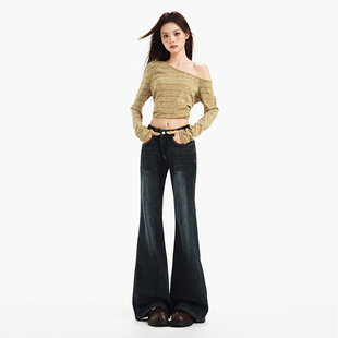 美式复古高腰喇叭牛仔裤女秋冬修身显瘦垂感长裤