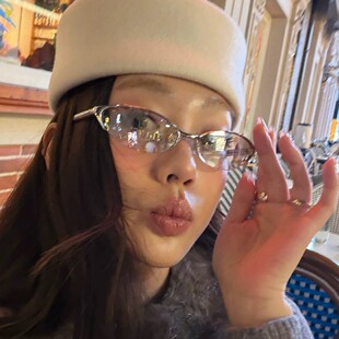 韩系水银猫眼半框椭圆墨镜女辣妹y2k个性街拍防紫外线圆脸太阳镜