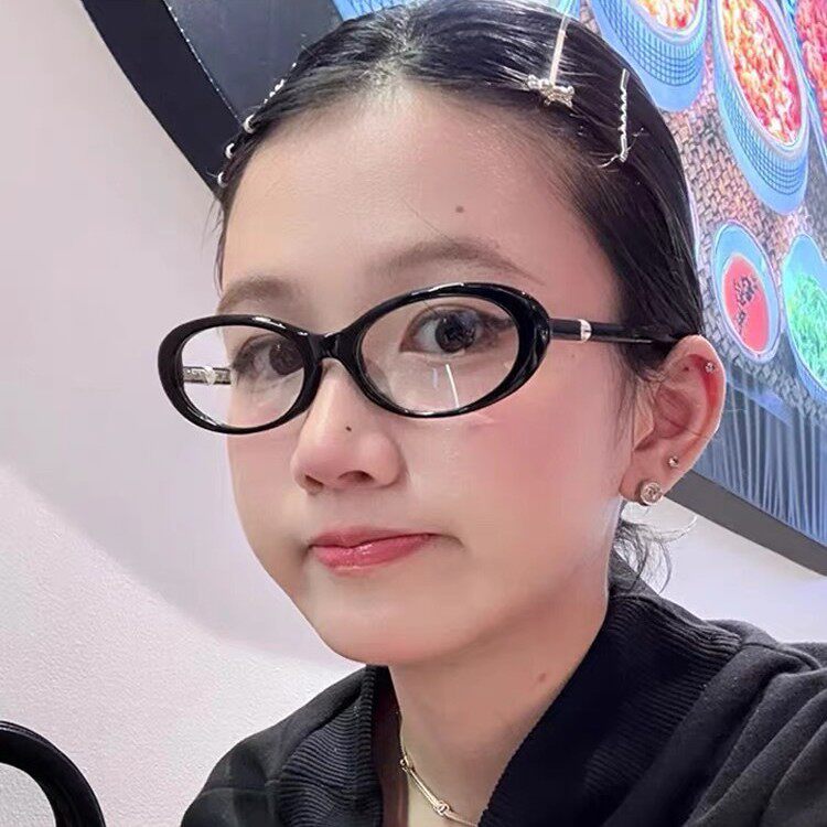复古黑框椭圆猫眼珍珠装饰眼镜防蓝光配度数平光镜韩版女书呆子潮