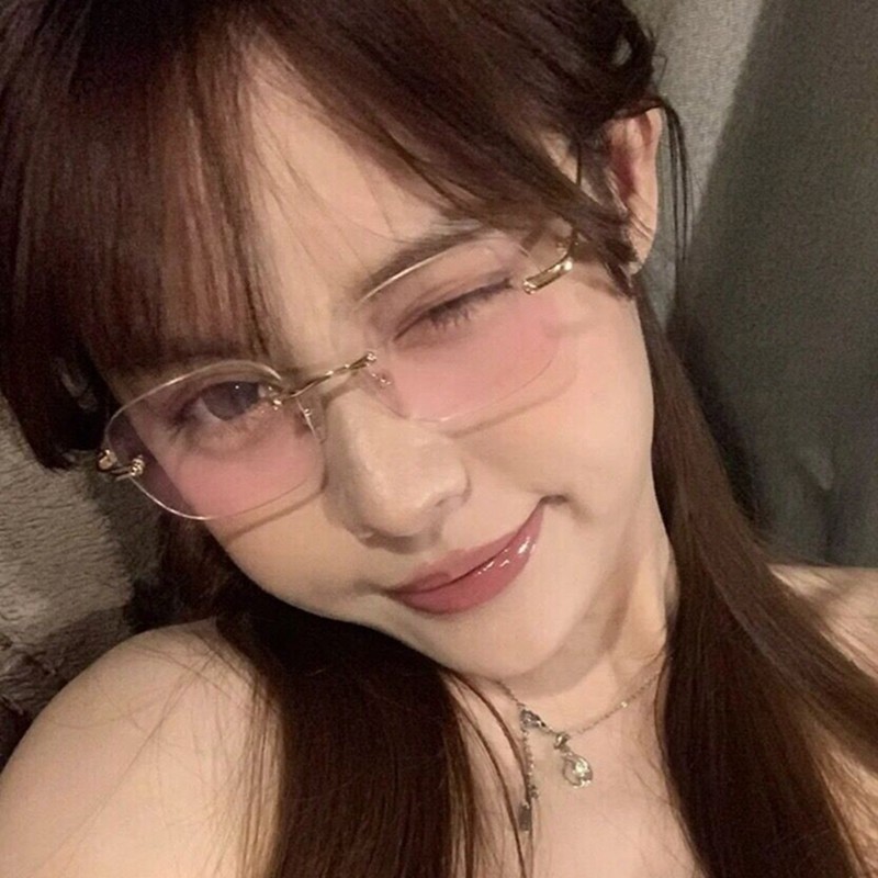 韩版纯欲腮红渐变粉色无框眼镜圆脸素颜神器可配度数近视框架小脸