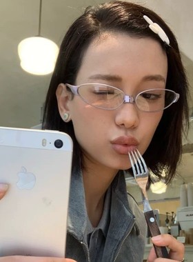 gm眼镜猫眼椭圆形Y2K未来科技感紫色平光镜街拍凹造型装饰女款潮