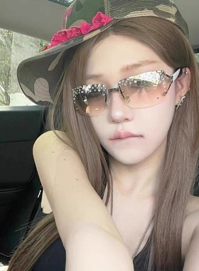 欧美y2k复古无框镶钻辣妹千禧风墨镜女街拍凹造型高级感太阳眼镜