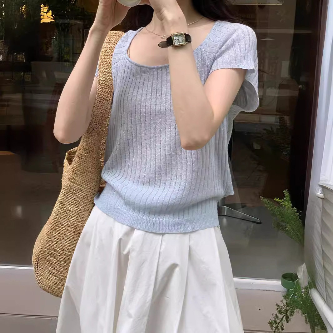 韩国东大门平替天丝短袖针织衫女夏季百搭后系带设计坑条方领