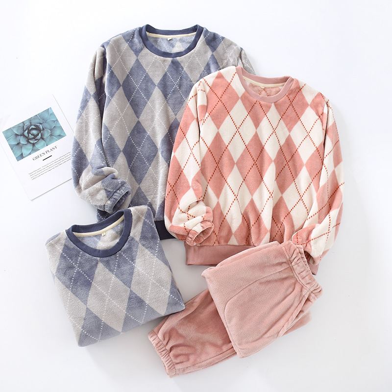 日系简约清新睡衣长裤加厚法兰绒