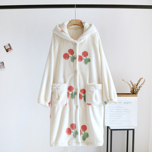 可爱大樱桃冬季珊瑚绒女长袍加厚保暖肥大码家居服睡衣长裙外套