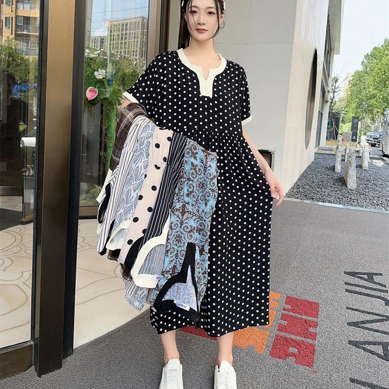 大码长款短袖人造棉连衣裙女