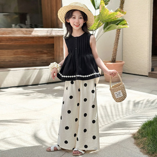 子两件套衣服韩版 女童夏套装 圆点阔腿裤 2025新款 潮 小女孩娃娃衬衫