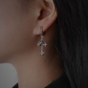 韩国做旧复古花冷淡风皇冠十字架圆圈耳环嘻哈街头气质时尚银饰