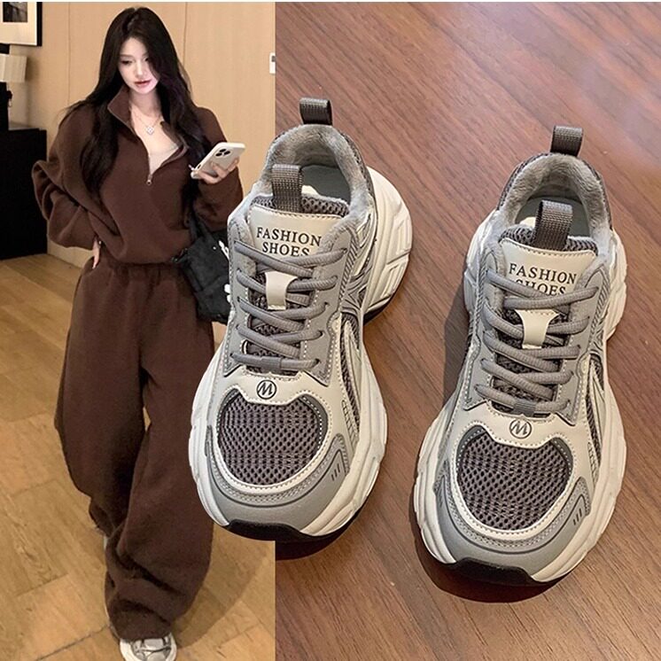 厚底灰色老爹鞋女秋冬季2025新款百搭增高运动休闲鞋松糕加绒棉鞋
