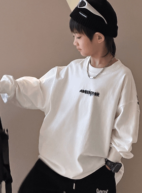 男童白色t恤长袖早秋装2025新款中大童纯棉打底衫字母儿童体恤潮T