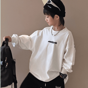 男童白色t恤长袖早秋装2025新款中大童纯棉打底衫字母儿童体恤潮T