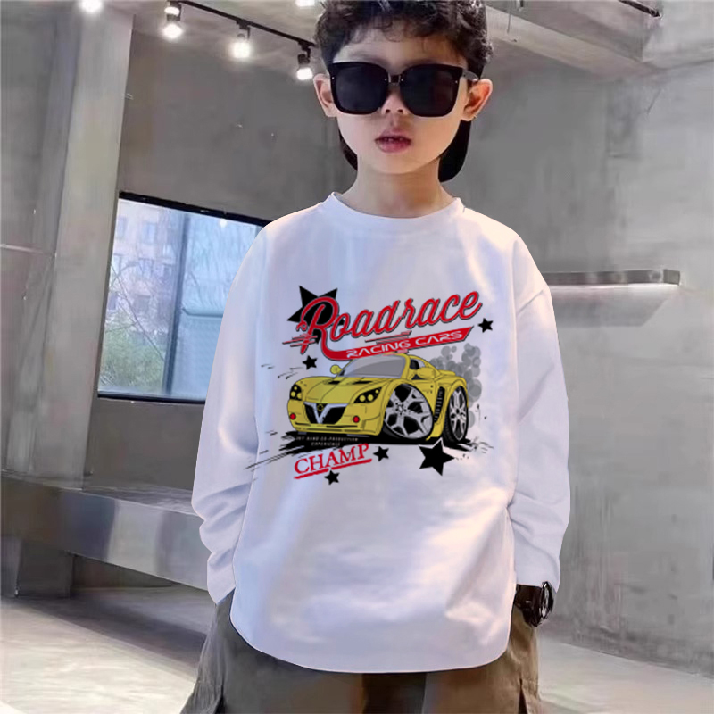 男童纯棉长袖t恤2025春秋新款宝宝宽松洋气中大童卡通小汽车图案t