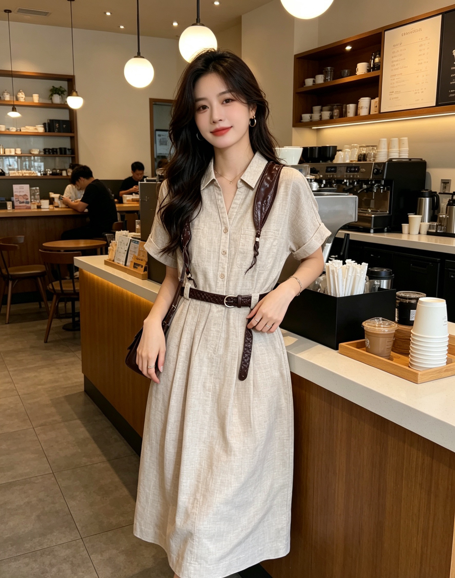 2026新款女士翻领短袖纯棉休闲风时尚连衣裙中长款百搭显瘦上衣