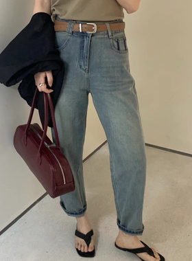 TOP约澜66830春欧货高腰配腰带微垮牛仔老爹裤卷边显瘦奶奶裤子潮