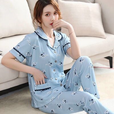 美梦女士睡衣短袖长裤春夏季薄款100%纯棉短袖大码开衫家居服两件