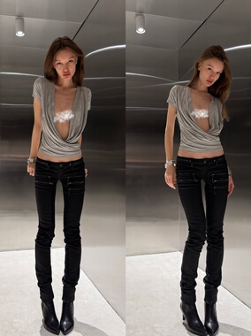 Hedi Style 复古超模jadedln黑色涂层多拉链低腰紧身牛仔裤