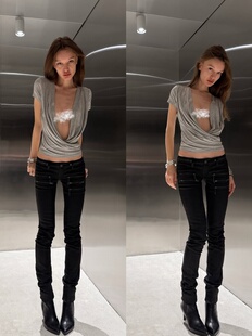 Hedi Style 复古超模jadedln黑色涂层多拉链低腰紧身牛仔裤