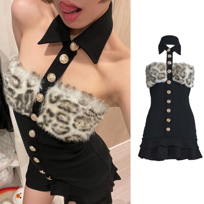 现货 纯正Y2K Gal 味！豹纹毛毛拼接衬衫领金属排扣 辣妹连衣裙