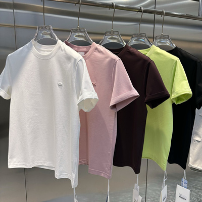 丝滑冰感2025夏季男士圆领短袖T恤纯色简约刺绣百搭修身弹力半袖