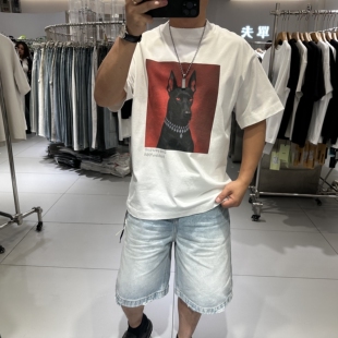 杜宾犬主题印花重磅纯棉休闲短袖T恤男嘻哈潮流宽松情侣半袖上衣