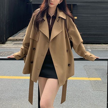 韩系新款2025高级感翻领短款风衣外套女装秋季宽松廓形双排扣外套