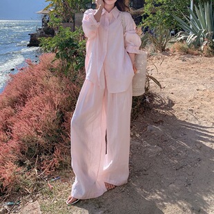 纯色休闲时尚套装女夏2026新款今年流行轻薄长袖衬衫阔腿裤两件套
