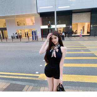 辣妹显瘦收腰外穿 上衣 纯欲风挂脖针织背心女 翻领蝴蝶结无袖