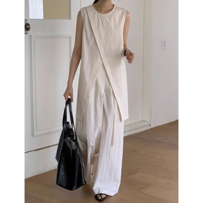 设计感无袖中长款衬衫女遮屁股时尚系带收腰上衣前开叉叠穿背心夏