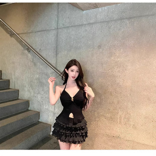 美式 捏褶v领上衣女设计感系带挂脖背心辣妹吊带外穿 纯欲性感修身