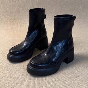 nnmiss 7cm小个子简约复古风圆头后拉链短靴百搭通勤粗跟弹力靴