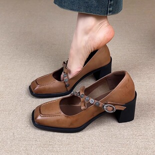 6.5cm复古水洗牛皮方头蝴蝶结一字带粗跟玛丽珍鞋 nnmiss·34