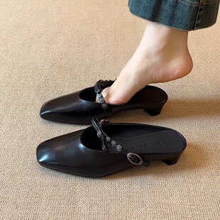 2.5cm复古水洗牛皮方头山茶花蝴蝶结一字带包头拖鞋 nnmiss34