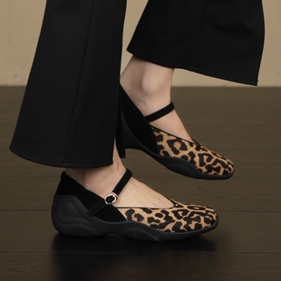 NNMISS·34-40/4cm小众复古圆头豹纹新款一字带运动风厚底单鞋