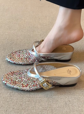 nnmiss 2025年夏季新款敲舒适亮闪闪仙女外穿增高5CM镂空包头半拖