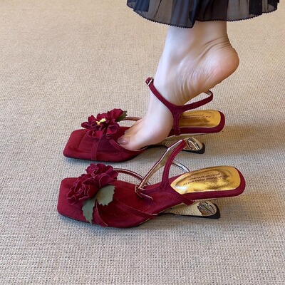 绝美拼色花朵坡跟时尚露趾凉鞋