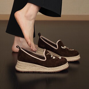 nnmiss 5cm草编坡跟复古风刺绣圆头拼色中口一脚蹬厚底单鞋