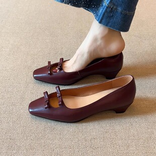 3.5cm复古方头浅口蝴蝶结粗跟通勤气质玛丽珍单鞋 nnmiss·34